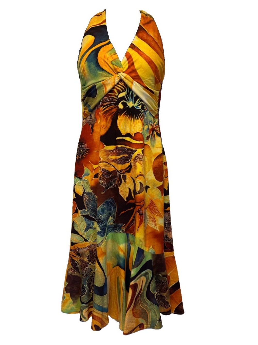 VTG Y2K Cache Halter Dress NWT Sz.8 Floral Tropical Watercolor Tiered Slinky Ray